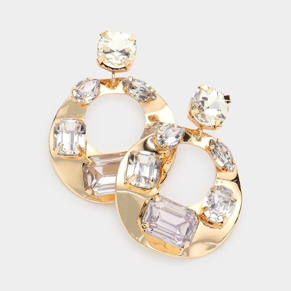 NEW Golden Multi Stone Embellished Crushed Metal Dangle Earrings - Picture 3 of 8